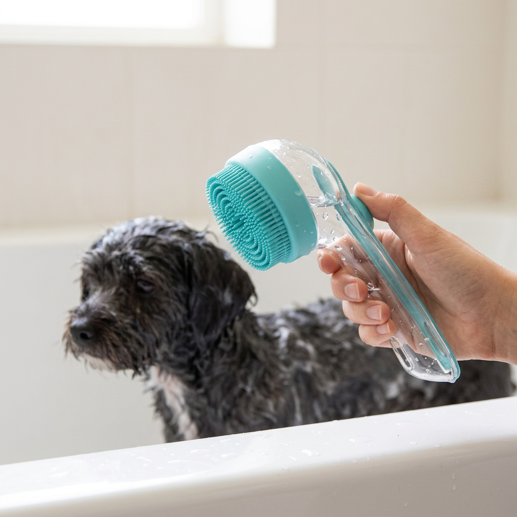 Pet Bath Brush with Shampoo Dispenser & Silicone Massage Bristles