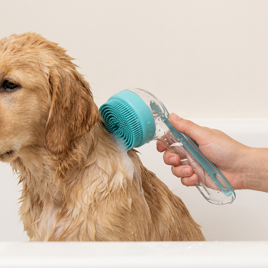 Pet Bath Brush with Shampoo Dispenser & Silicone Massage Bristles